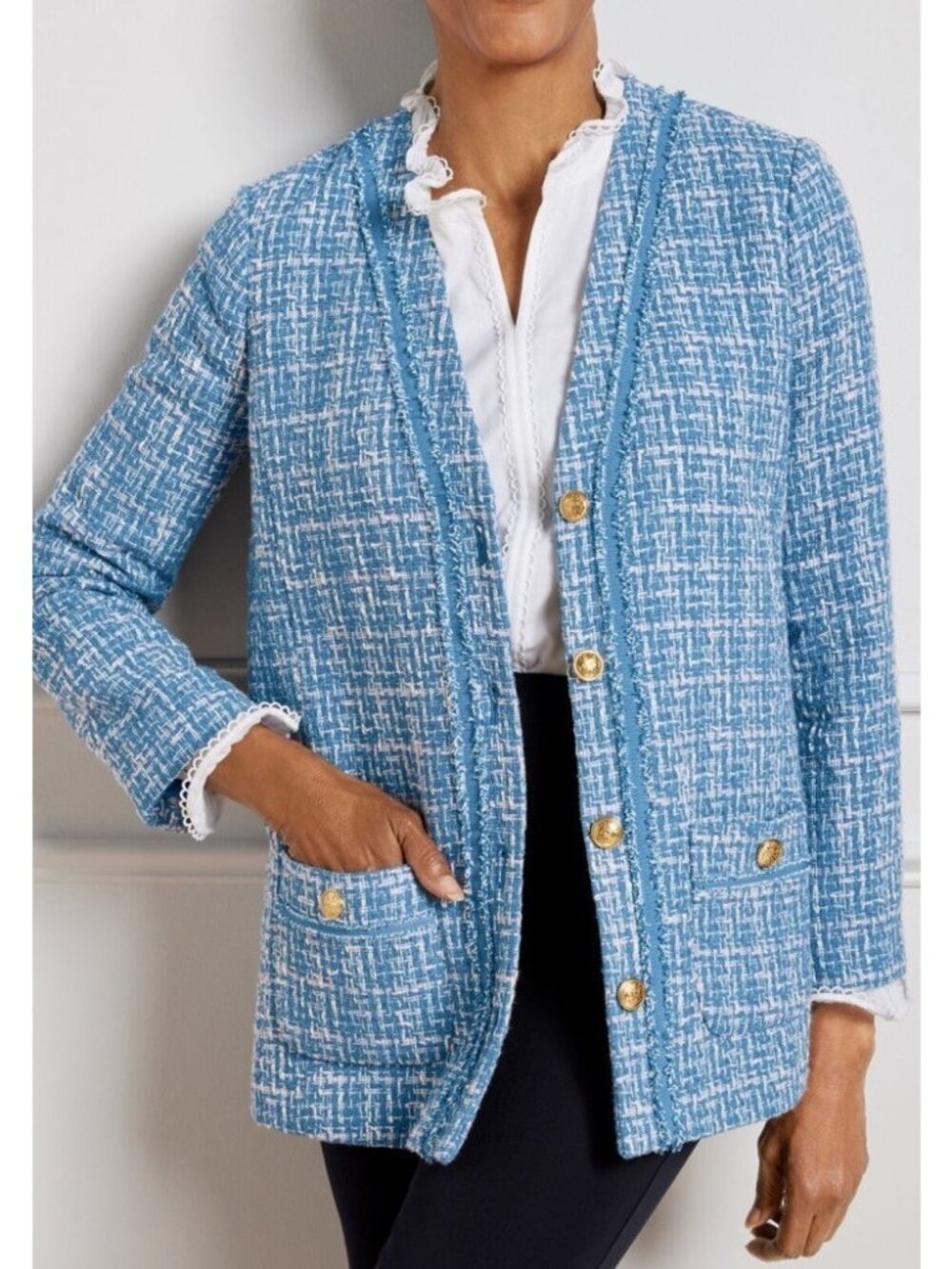 Talbots Blue Tweed Gold Button Blazer Jacket Coatigan Career NWT Women's 6